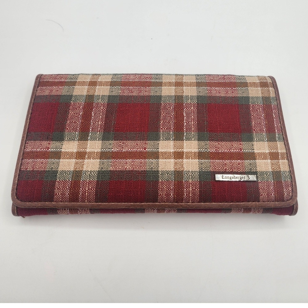 Longaberger Plaid Wallet‎ Organizer Clutch Crossbody Long Burgundy Tan Green